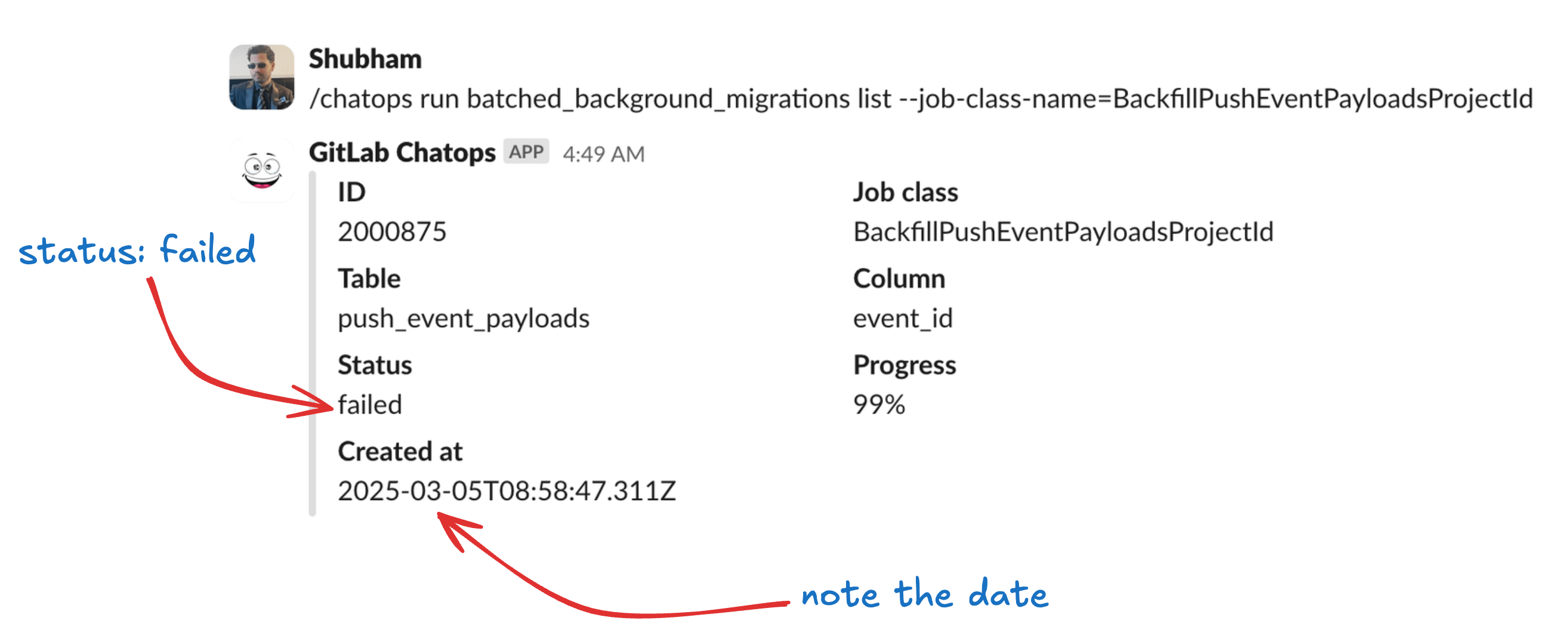 Chatops output indicating a failed batched background migration status.