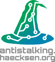 Das Logo der Haecksen: ein Hexenhut mit Schaltkreisen. Unterschrift "antistalking.haecksen.org"