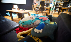 An alligator plushie themed after the transgender pride flag.