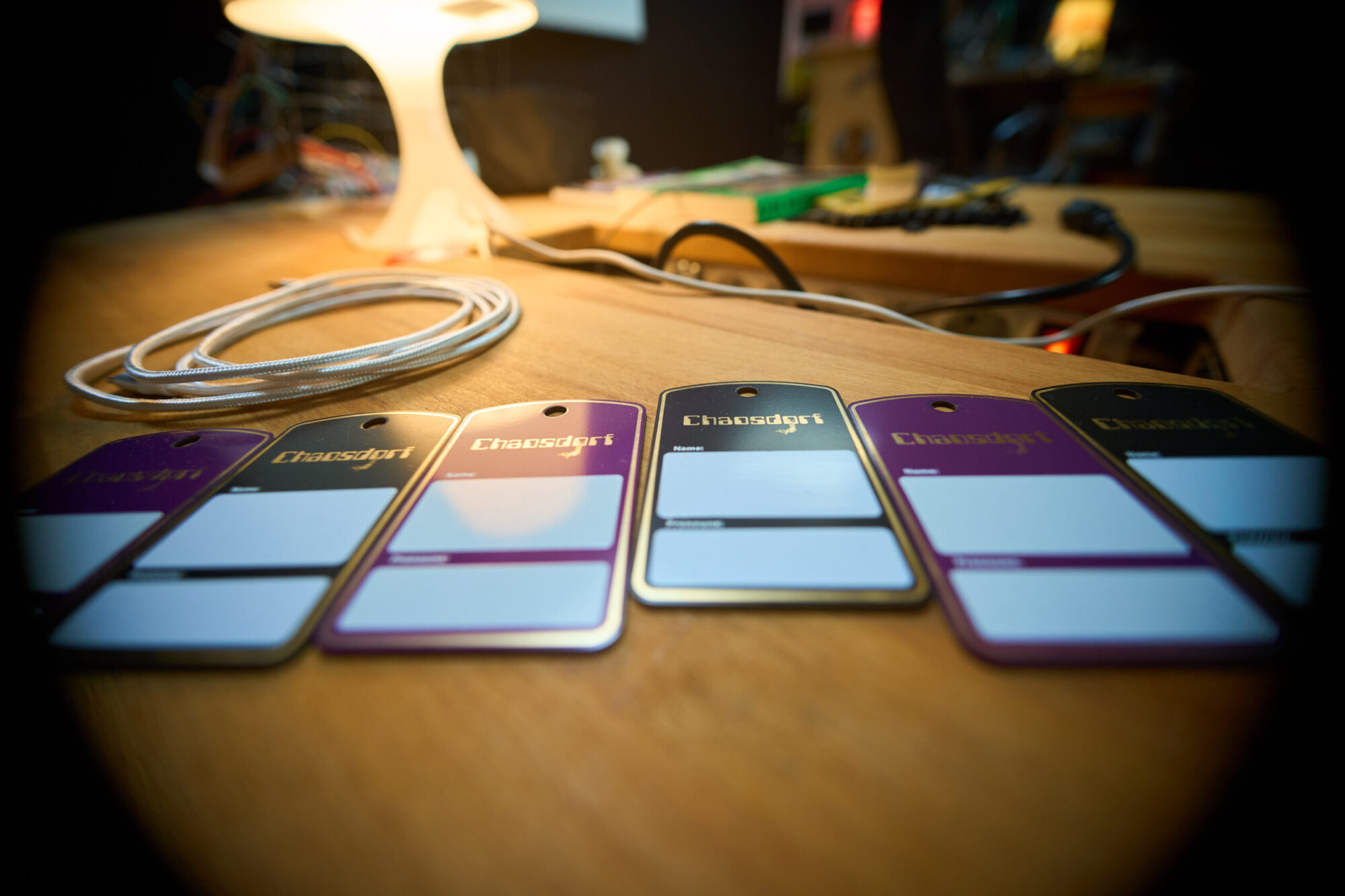 Badges lying on a table.